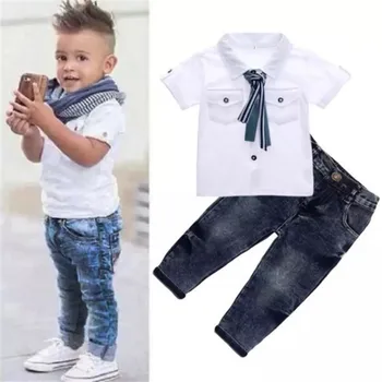 2019 dijete djeca Baby Boy pamuk kratkih rukava bijela majica majice jeans hlače odjeće 2 kom. хлопчатобумажный komplet odjeće za djecu dječak