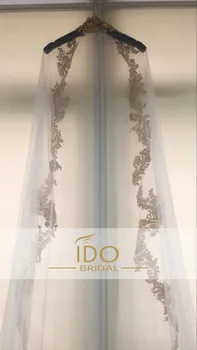 Besplatna dostava Dubai zlatne aplicirano perle svadbeni veo dužine 3 metra tila svadbeni veo za muslimanske vjenčanja Čipkom na rubu ASAMJ05