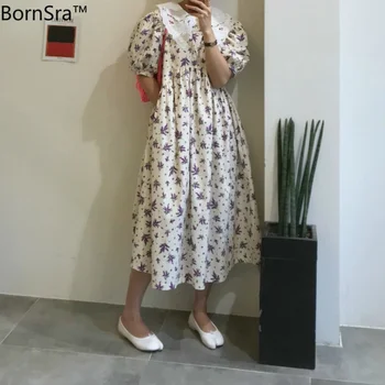 Bornsra 2020 Summer Korea Vintage Lace Collar Leaves Printing Hubble-bubble Sleeve Dress Puff Sleeve Mid-Calf Casual Dress Woman