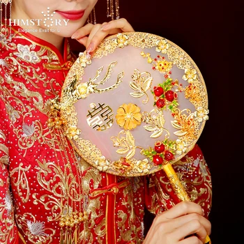 HIMSTORY tradicionalna kineska vjenčanja vjenčani buket navijač zlatna crveno cvijeće perle drevna mladenka ručni držač navijača za pokrivanje lica