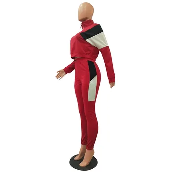 Jesen ženska Patchwork u boji casual 2-dijelni set stojeći ovratnik košulja, dugi rukav olovka hlače sportski kostim Kostim za djevojčice