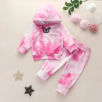 Lioraitiin 0-4Years Baby Autumn Odjeca Set Toddler Infant Girl 3D Butterfly Tie-Dye Printed Hooded Long Sleeve Top Pant 2 kom.