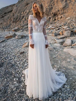 LORIE Beach češka vjenčanica V vratove s dugim rukavima čipka aplicirano san vjenčanica Boho A Line Princeza haljine plus veličine