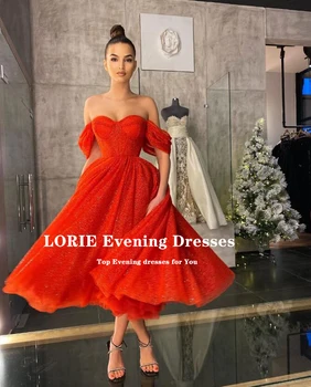 LORIE Vintage Glitter Prom Dresses Sweetheart off Shoulder A-Line Tea Length sjajna zabava slavnih večernjim тюлевое konačni haljina