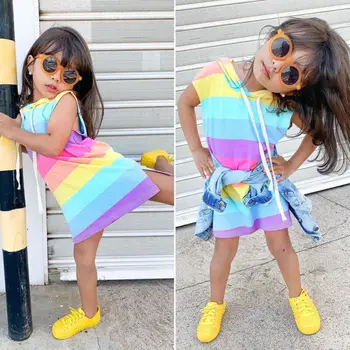 Novi 1-7 Godina Beba Djevojčica Duga Prugasta Haljina Ljetna Odjeća Odjeća Svakodnevno Haljina Bez Rukava S Kapuljačom Dječja Sunčane Odijela 2020