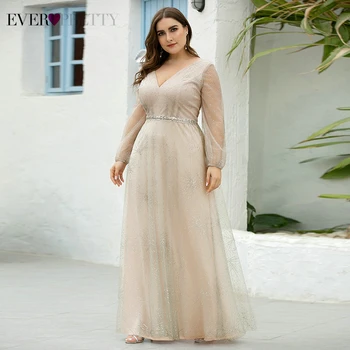 Plus size Sparkle Prom Dresses Ever Pretty EP00844GY A-Line V-izrez s punim rukava šljokicama prozirne čipke i večernje haljine Vestido