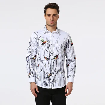 Proljeće Je Nova Moda Cvijeće, Ptice Ispis Muška Košulja Branded Odjeću Rever Camisa Masculina S Dugim Rukavima Za Muškarce Majice Svakodnevne Camisas