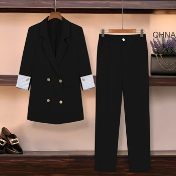 Prugasta rukava двубортный ženski nogavica odijelo zupčasti sportska jakna i hlače s visokim strukom Solid OL Style ženski komplet od 2 predmeta ljeto 2020