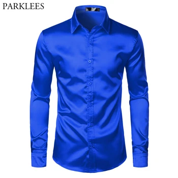 Royal Blue Silk Satin Shirt Men 2019 Luksuzni Brand New Slim Fit Muške Dress Shirts Wedding Party Casual Male Casual Shirt Chemise