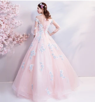 SSYFashion New Sweet Pink Evening Dress Robe De Soiree čipka aplicirano sa šljokicama dužine do poda 3/4 rukavima večernjim večernja haljina