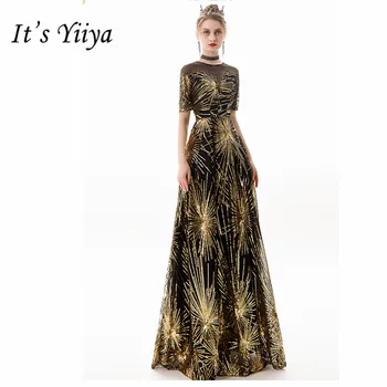 To Yiiya večernja haljina 2019 zlatne šljokice O-izrez ženske večernje haljine kratkih rukava, duga do poda plus size Robe De Soiree E823