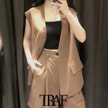TRAF ženska moda široke kratke hlače bermuda berba visokim Strukom munja Fly bočni džepovi ženske kratke hlače Mujer