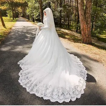 Vestido De Noiva Robe De Mariage arapski muslimanski luksuzni lijep 80 cm dugačak trag dugi rukav hidžab vjenčanicu s velom 2020