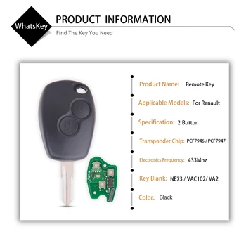 WhatsKey Car Remote Key fit For Renault Megane Modus Clio Logan Kangoo Sandero Duster control 433 Mhz PCF7946 / PCF7947 čip