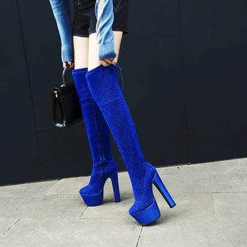 Zimska Moda Za Dame Srebro Butina Visoke Čizme Bling Luksuzne Cipele Žena Dizajneri Platforme, Visoke Štikle Žena Duge Čizme Plus Size