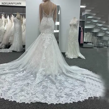 Špageti trake Sirena haljina čipka aplicirano seksi duboki V-izrez haljine vjenčanje vjenčanica stranke prom vestidos de novia 2020