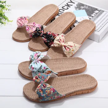 Žene papuče posteljina je svježe ljetne cool papuče skliznuti na plažu cipela žene Češka luk lana japanke plaža slučajnih papuče